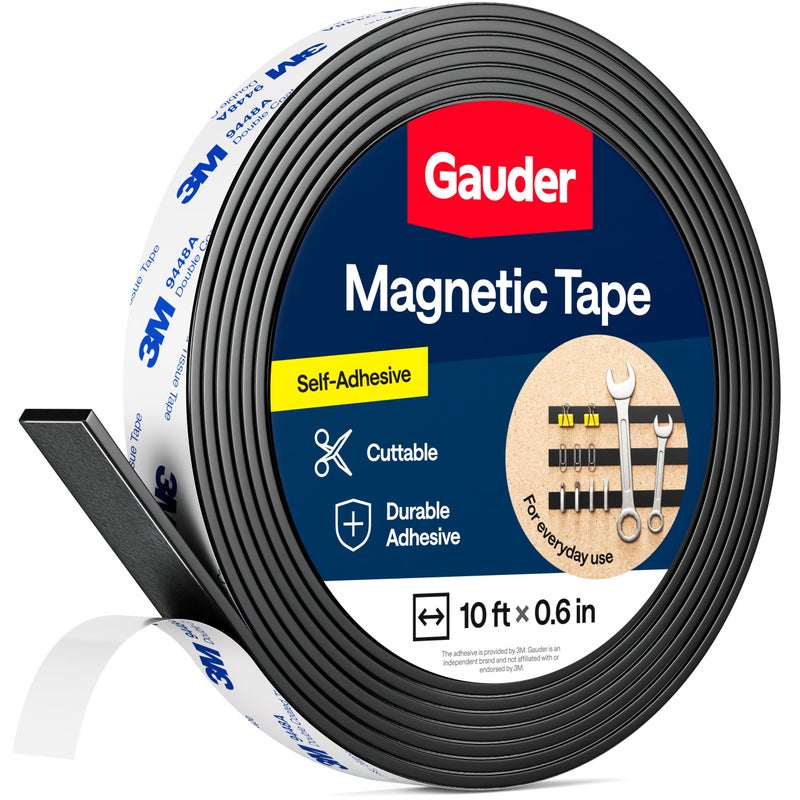GAUDER Magnetic Tape with 3M Adhesive - Strong Self-Adhesive Magnet Strip - Strong Magnetic Tape Roll with Cuttable Length & 3M Sticky Back (10 ft x 0.6 in) - Image 1